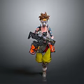 Futuristic Game Character With Brown Spiky Hair Goggles Tattoos Yellow Pants Carrying Large Weapon