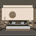 Modern Beige Bedroom Interior With Wooden Bed Wardrobe Bedside Lamp And Round Wall Decor