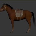 Brown Horse With Black Mane And Saddle Standing On Gray Background