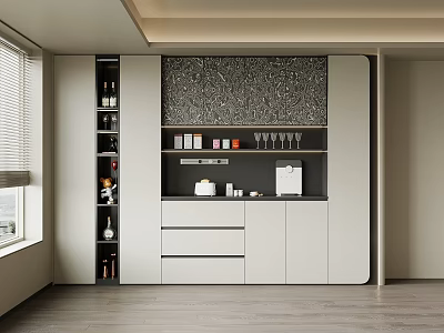 Modern Wine Cabinet with Glass Shelves Counter Wine Glasses and Storage Cabinets in Living Room Interior 3d model