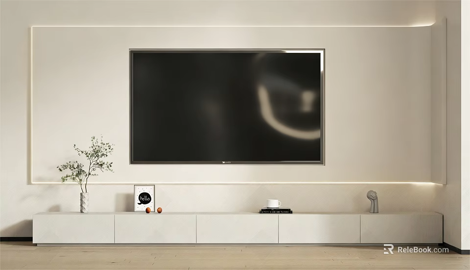 Minimalist White TV Stand With Flat Screen TV Vase Photo Frame And Decor 3d model 