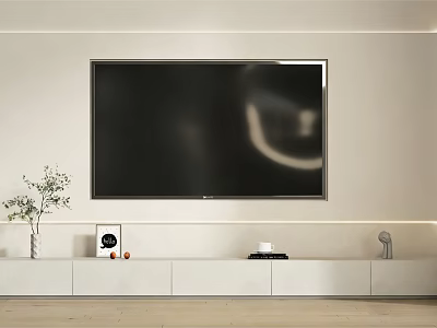 Minimalist White TV Stand With Flat Screen TV Vase Photo Frame And Decor 3d model