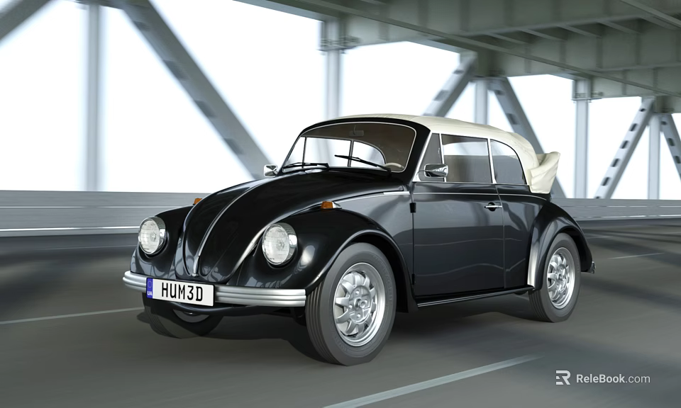 Vintage Black Classic Volkswagen Beetle Convertible Cruising on Bridge Road 3d model 