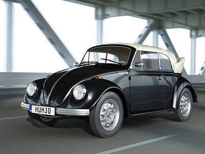 Vintage Black Classic Volkswagen Beetle Convertible Cruising on Bridge Road 3d model