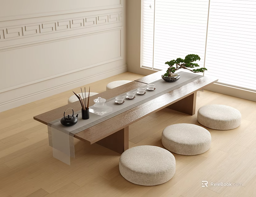 Minimalist Tea Table And Round Poufs With Tea Set Potted Plant On Bright Wooden Floor 3d model 