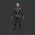 3D Character With White Hair In Black Outfit Featuring Yellow Accents Standing Against Gray Background
