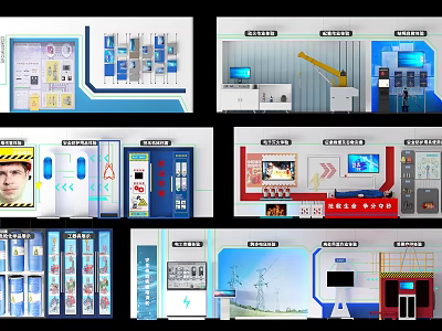 Safety Training Display Boards With Equipment Diagrams Monitoring Screens And Crane Illustrations 3d model