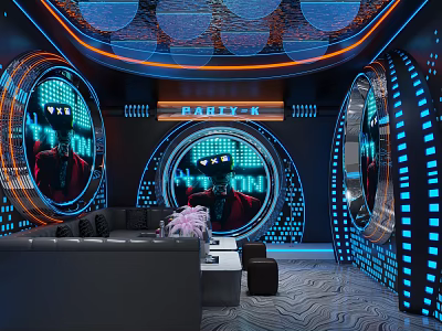 Modern KTV Room Interior With Circular LED Screens Colorful Lighting And Comfortable Sofa 3d model