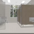 Modern Bright Spacious Public Toilet With Wooden Partitions Frosted Glass And Marble Wash Area