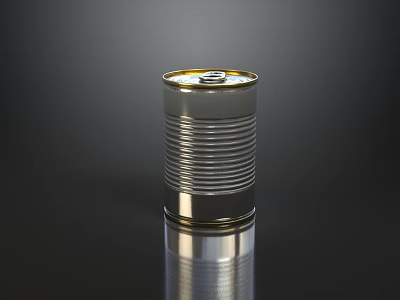 Silver Metal Food Can With Golden Lid On Dark Reflective Surface 3d model