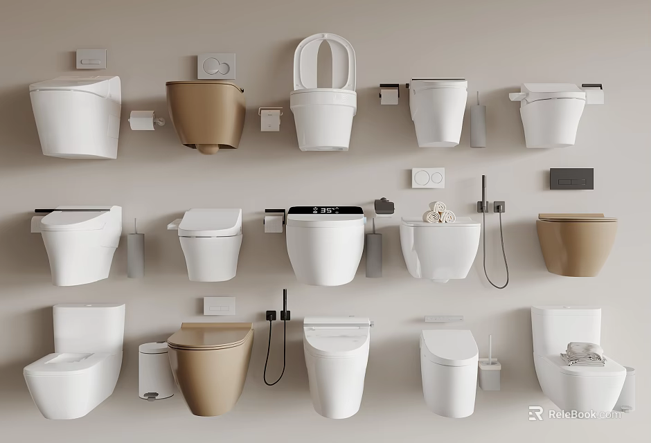 Modern Wall Mounted Toilets In Various Styles And Colors With Accessories 3d model 