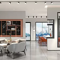 Modern Specialty Store Interior With Glass Windows Display Counter And Pendant Lights