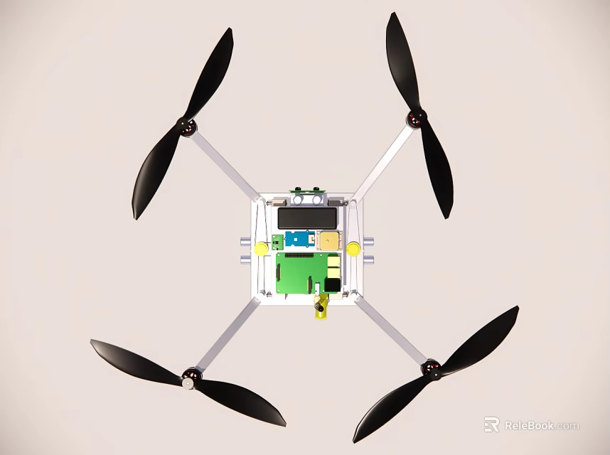 Quadcopter Drone With Four Black Propellers And Electronic Control Unit 3d model
