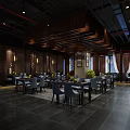 Modern Restaurant Interior With Wooden Ceiling Dining Tables Gray Chairs And Wall Decor