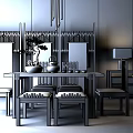 Chinese Style Dining Table Set With Dark Wooden Screen Calligraphy Scrolls And Pendant Lights