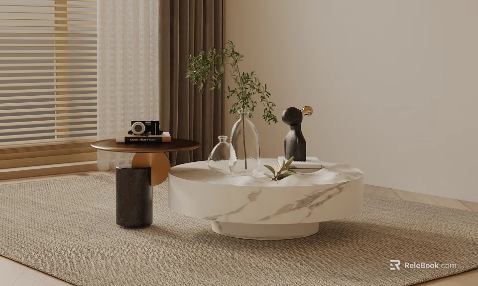 Modern Sofa and Coffee Table Set with White Marble Top Green Plant and Decorative Items 3d model 