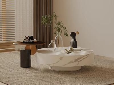 Modern Sofa and Coffee Table Set with White Marble Top Green Plant and Decorative Items 3d model