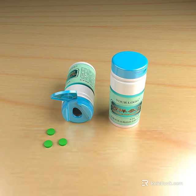 Medical Medicine Bottles With Blue Lids And Green Tablets On Wooden Table 3d model 