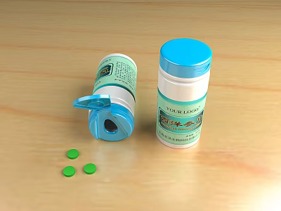 Medical Medicine Bottles With Blue Lids And Green Tablets On Wooden Table 3d model