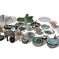 Courtyard Garden Decor With Stone Water Basins Rock Formations And Wooden Lanterns