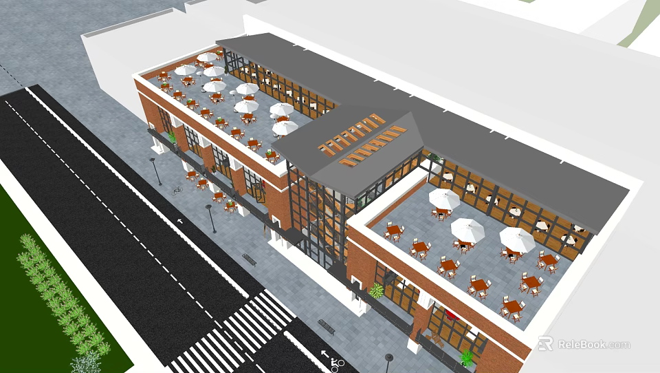 Modern Red Brick Office Building With Large Glass Windows White Umbrellas And Outdoor Tables 3d model 