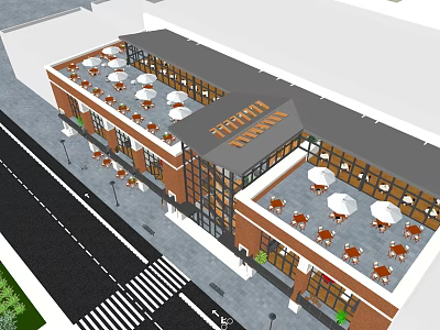 Modern Red Brick Office Building With Large Glass Windows White Umbrellas And Outdoor Tables 3d model