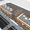 Modern Red Brick Office Building With Large Glass Windows White Umbrellas And Outdoor Tables