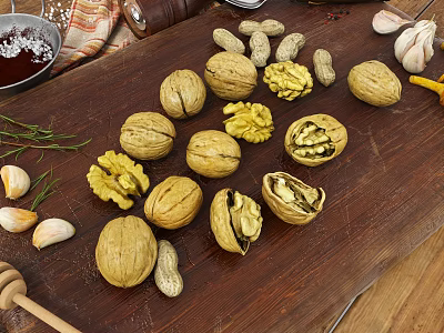 Walnuts Peanuts And Garlic Arranged On Wooden Cutting Board With Rosemary Honey Salt And Pepper 3d model