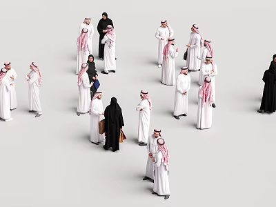 Group of people wearing traditional white thobes and black abayas standing together 3d model