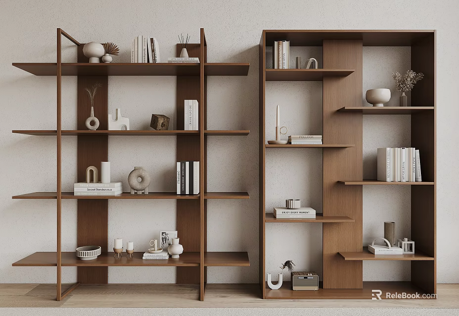 Modern Wooden Open Shelving Units With Multiple Tiers Books Decorative Ornaments And Vases 3d model 
