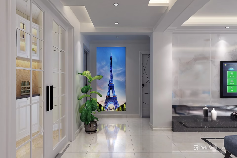 Bright Modern Living Room With Glossy Tiles Eiffel Tower Mural And Lush Green Potted Plant 3d model 