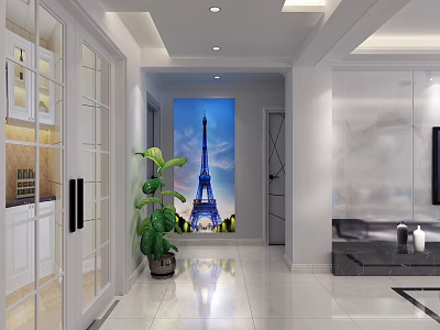 Bright Modern Living Room With Glossy Tiles Eiffel Tower Mural And Lush Green Potted Plant 3d model
