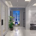 Bright Modern Living Room With Glossy Tiles Eiffel Tower Mural And Lush Green Potted Plant