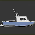 Small White And Blue Motorboat With Deck Railing Life Ring And Cabin Top Antenna