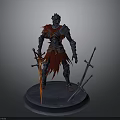 Armored Man Statue With Red Cape Holding Swords On Display Base