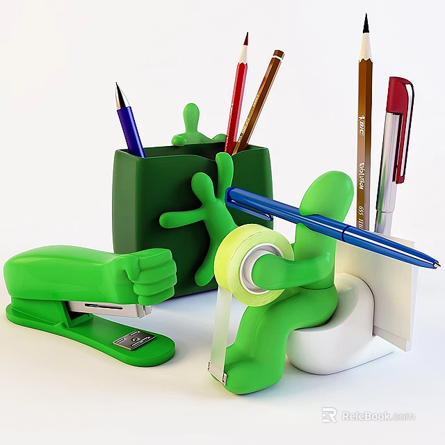Funny Green Human Shaped Stationery Set With Stapler Tape Dispenser And Pens 3d model 