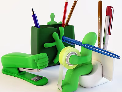 Funny Green Human Shaped Stationery Set With Stapler Tape Dispenser And Pens 3d model