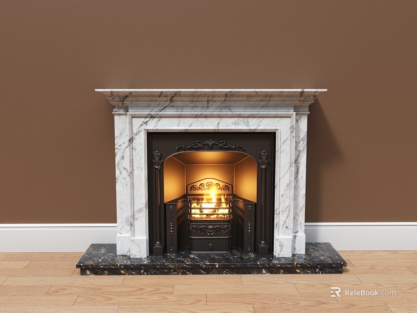 Elegant Fireplace Featuring White Marble Surround Black Base Burning Fire On Brown Wall Wooden Floor 3d model 