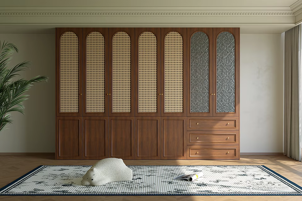 Natural Wooden Wardrobe Featuring Lattice Design Doors Glass Panels And Lower Drawers 3d model 