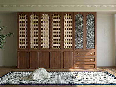 Natural Wooden Wardrobe Featuring Lattice Design Doors Glass Panels And Lower Drawers 3d model