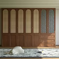 Natural Wooden Wardrobe Featuring Lattice Design Doors Glass Panels And Lower Drawers