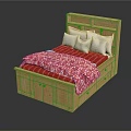 Wooden Double Bed with Bookshelf Headboard Red Patterned Quilt and Gray Pillows