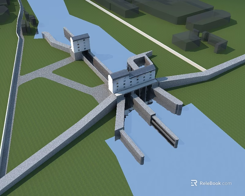 Three Dimensional Water Lock Structure Featuring River Green Grassland And Control Towers 3d model 