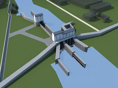 Three Dimensional Water Lock Structure Featuring River Green Grassland And Control Towers 3d model