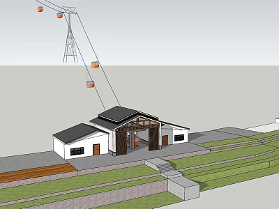 Traditional Building With Cable Car System Platform Steps And Grass Area 3d model