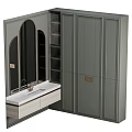 Modern Bathroom Vanity With Arched Mirror Dark Green Cabinet And Wooden Countertop