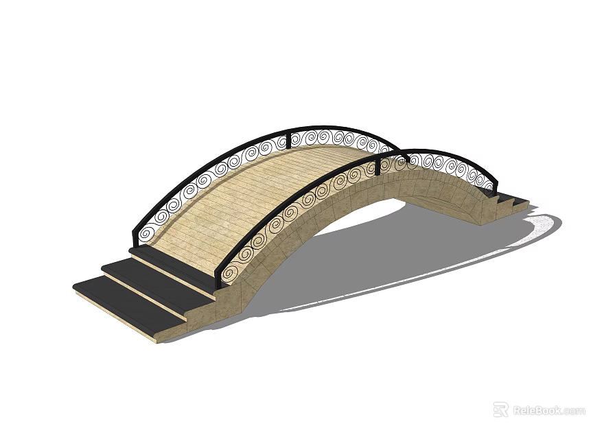 Arched Landscape Bridge With Wooden Deck Black Railings And Decorative Patterns 3d model 
