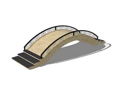 Arched Landscape Bridge With Wooden Deck Black Railings And Decorative Patterns 3d model