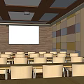 Spacious Modern Conference Room Interior With Wooden Ceiling Rows of Chairs And Windows