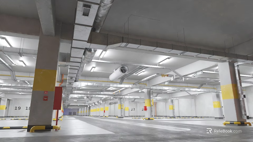 Spacious Indoor Parking Garage With Ceiling Pipes Lighting Fixtures Yellow Pillars And Floor Markings 3d model 